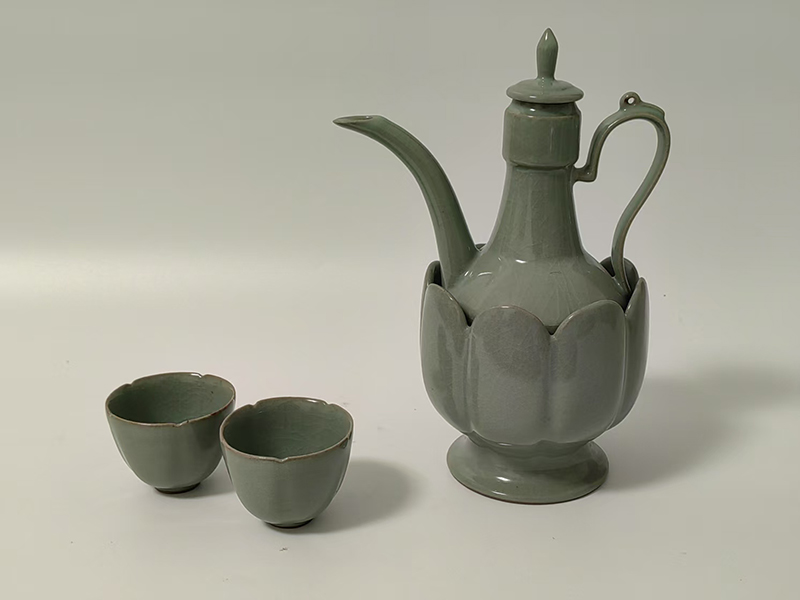 哥窑豆青莲花温碗酒具